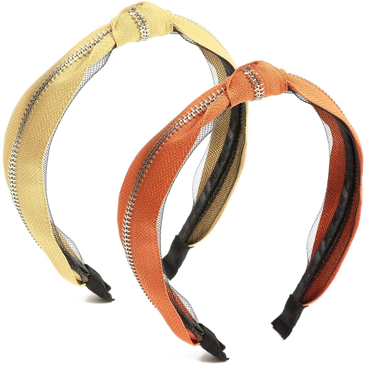 2-Pack Women's Twist Knot Headband, Fabric Wrapped with Zipper Decorate Stretchy Hairband, Orange/ Yellow